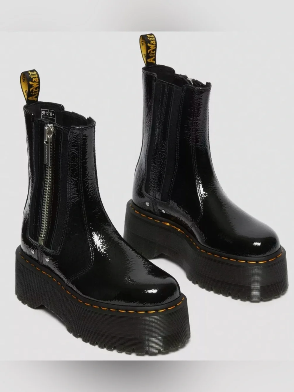 DR. MARTENS 2976 MAX DISTRESSED PATENT CHELSEA PLATFORM BOOTS, SZ 8, NEW, $220.